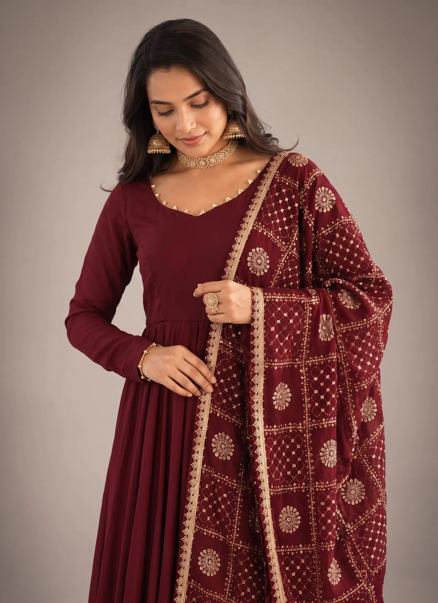 Maroon Heavy Roman Silk Anarkali Suit