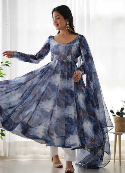 Pure Soft Organja Silk Marble Print Anarkali Navy Blue