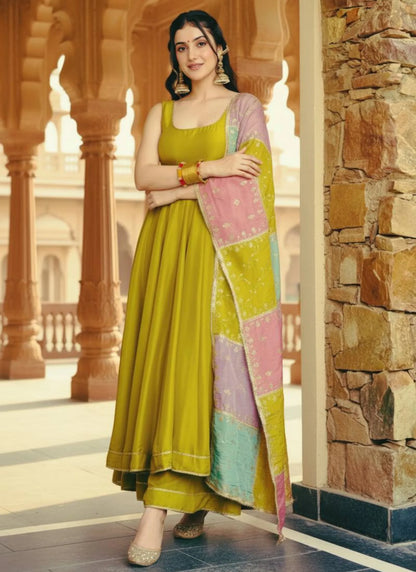 Mehndi Anarkali Suit With Multicolor Dupatta