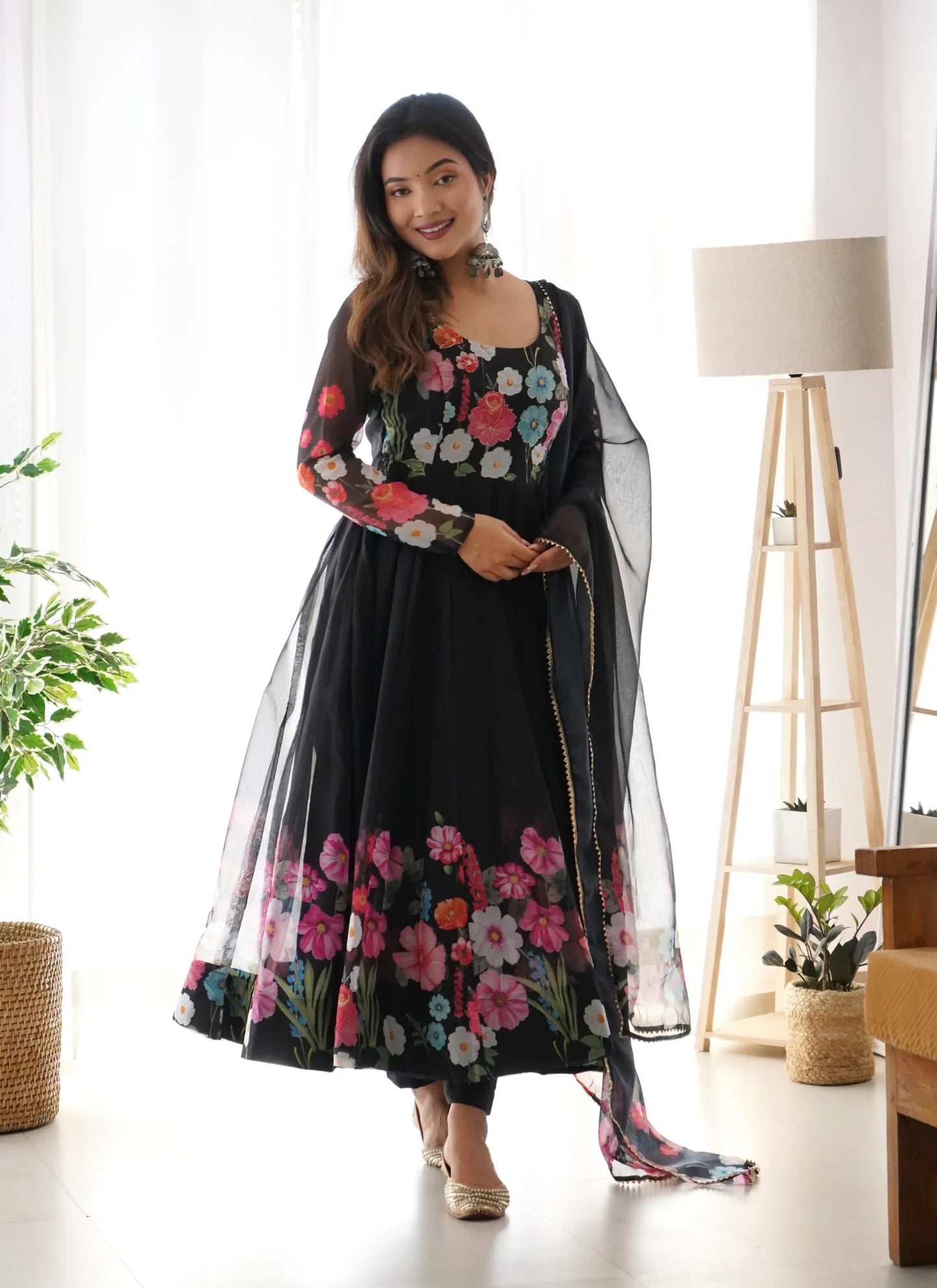 Pure Soft Organja Silk Anarkali Black