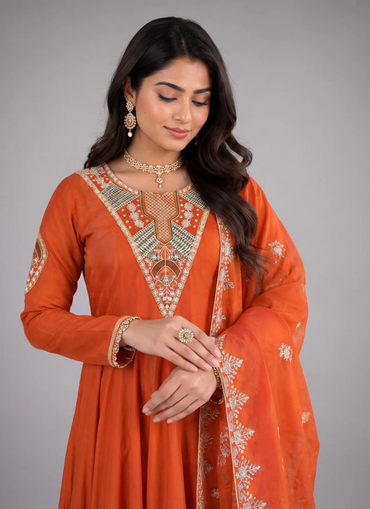 Orange Roman Silk Embroidery Sequence Anarkali Suit