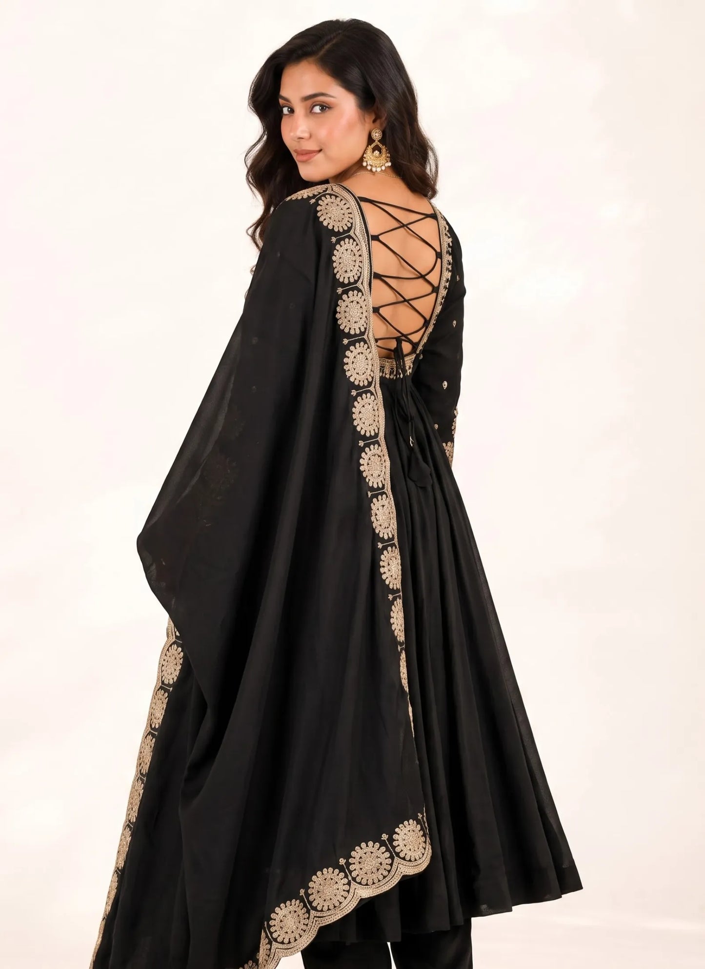 Black Roman Silk Designer Anarkali Suit