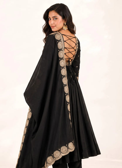 Black Roman Silk Designer Anarkali Suit