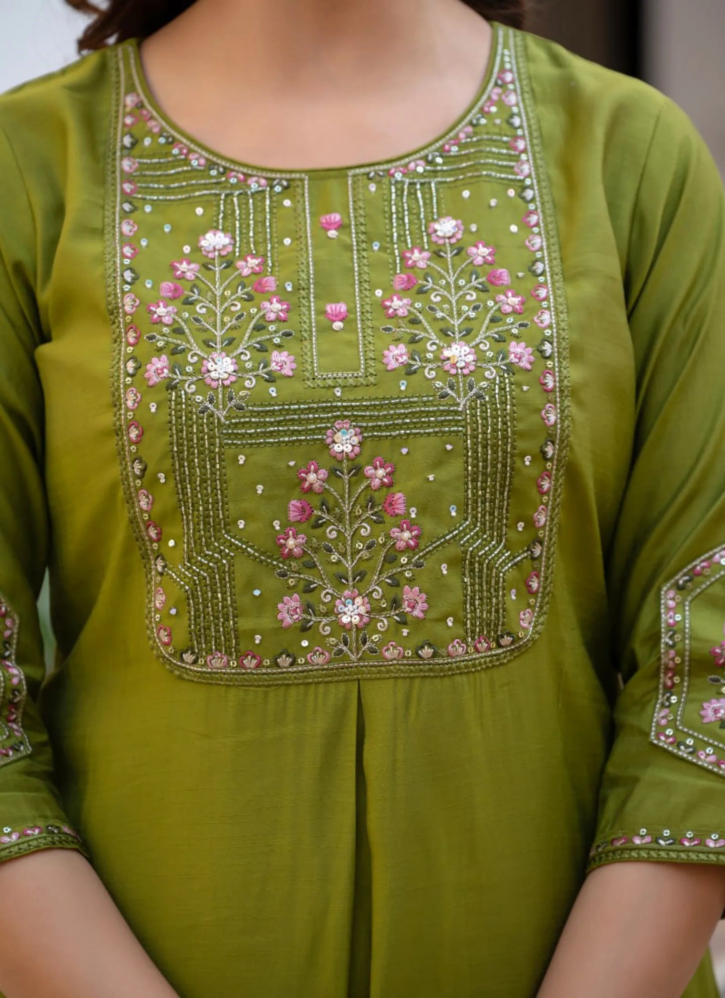 Olive Pure Viscose Designer Kurti Set