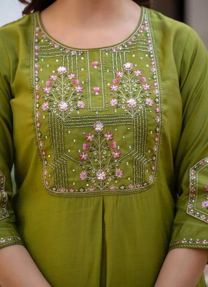 Olive Pure Viscose Designer Kurti Set