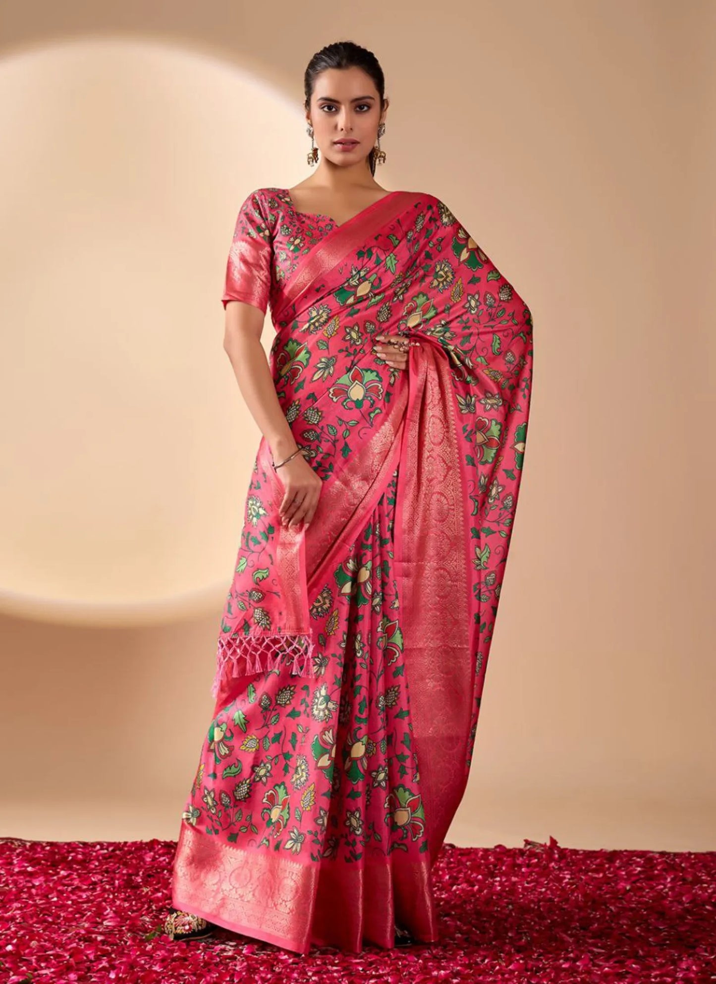 Floral Print Soft Lichi Silk Saree Pink