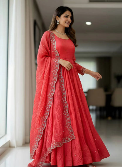 Embroidery Zari Work Silk Gown Red