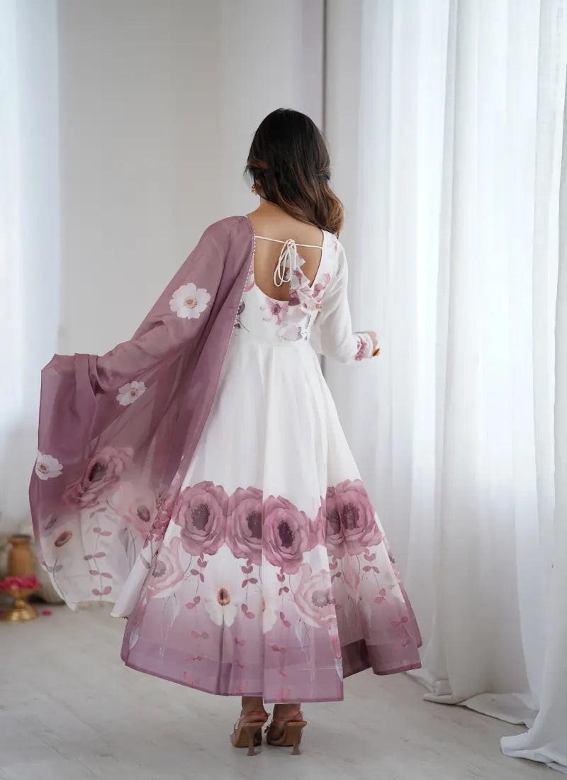 Heavy Pure Soft Organja Silk Print Anarkali Onion Pink