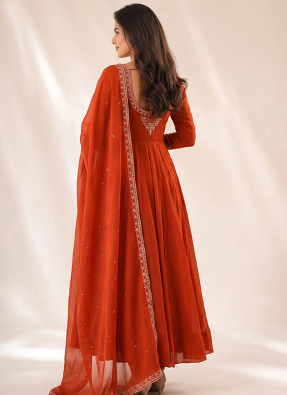 Orange Roman Chanderi Silk Anarkali Suit