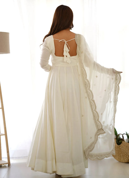 Pure Romansilk Chanderi Fabric Anarkali White