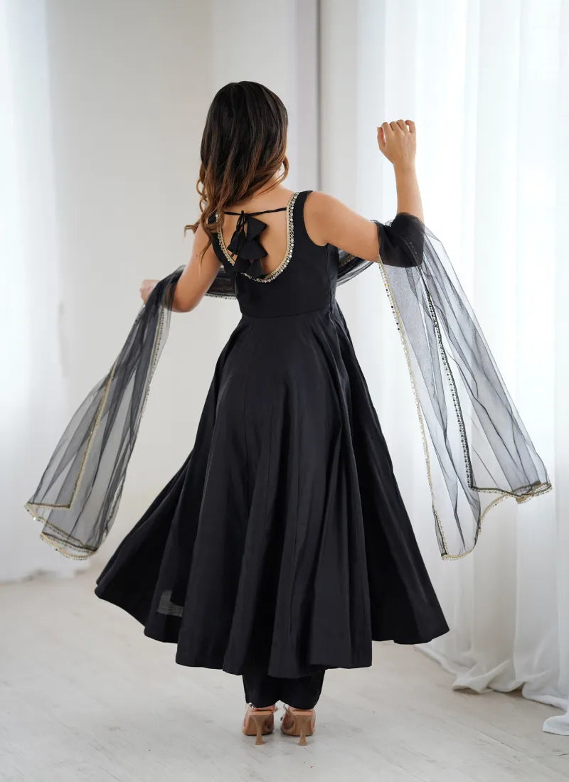 Pure Romansilk Chanderi Fabric Anarkali Black