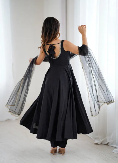 Pure Romansilk Chanderi Fabric Anarkali Black