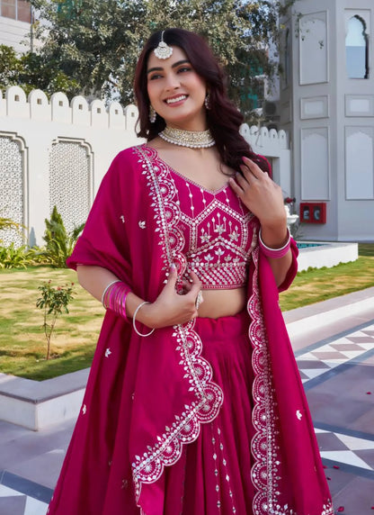 Pink Pure Vichitra Silk Embroidery Work Lehenga Choli