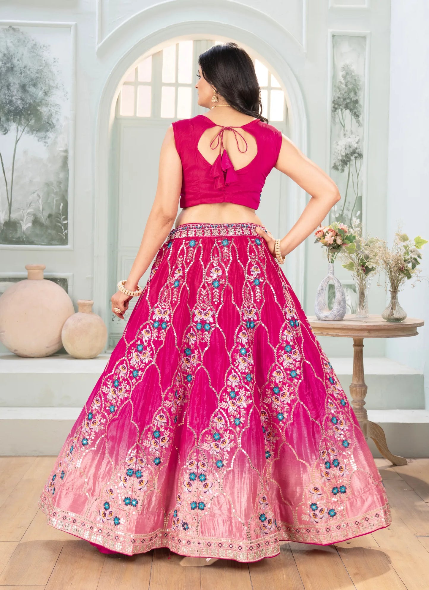 Pink Embroidery Chinon Silk Lehenga Choli