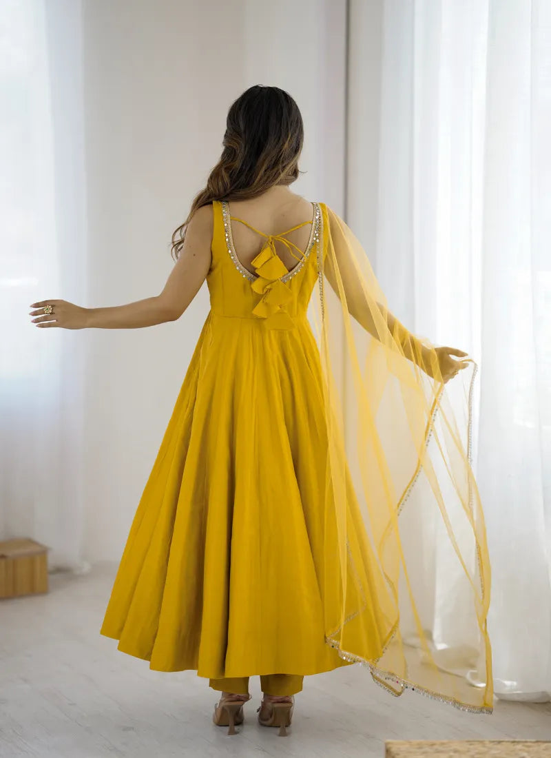 Pure Romansilk Chanderi Fabric Anarkali Yellow