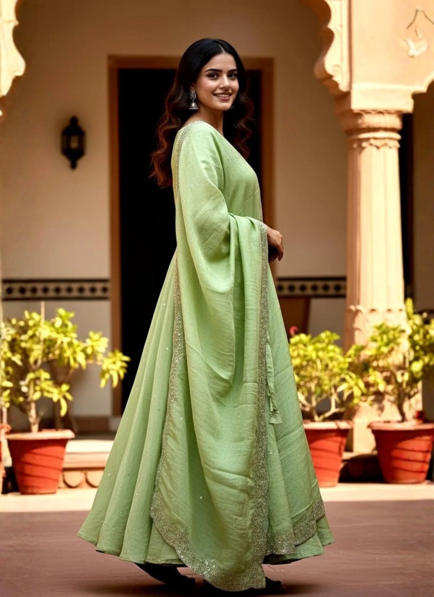 Embroidery Zari Work Silk Gown Light Green
