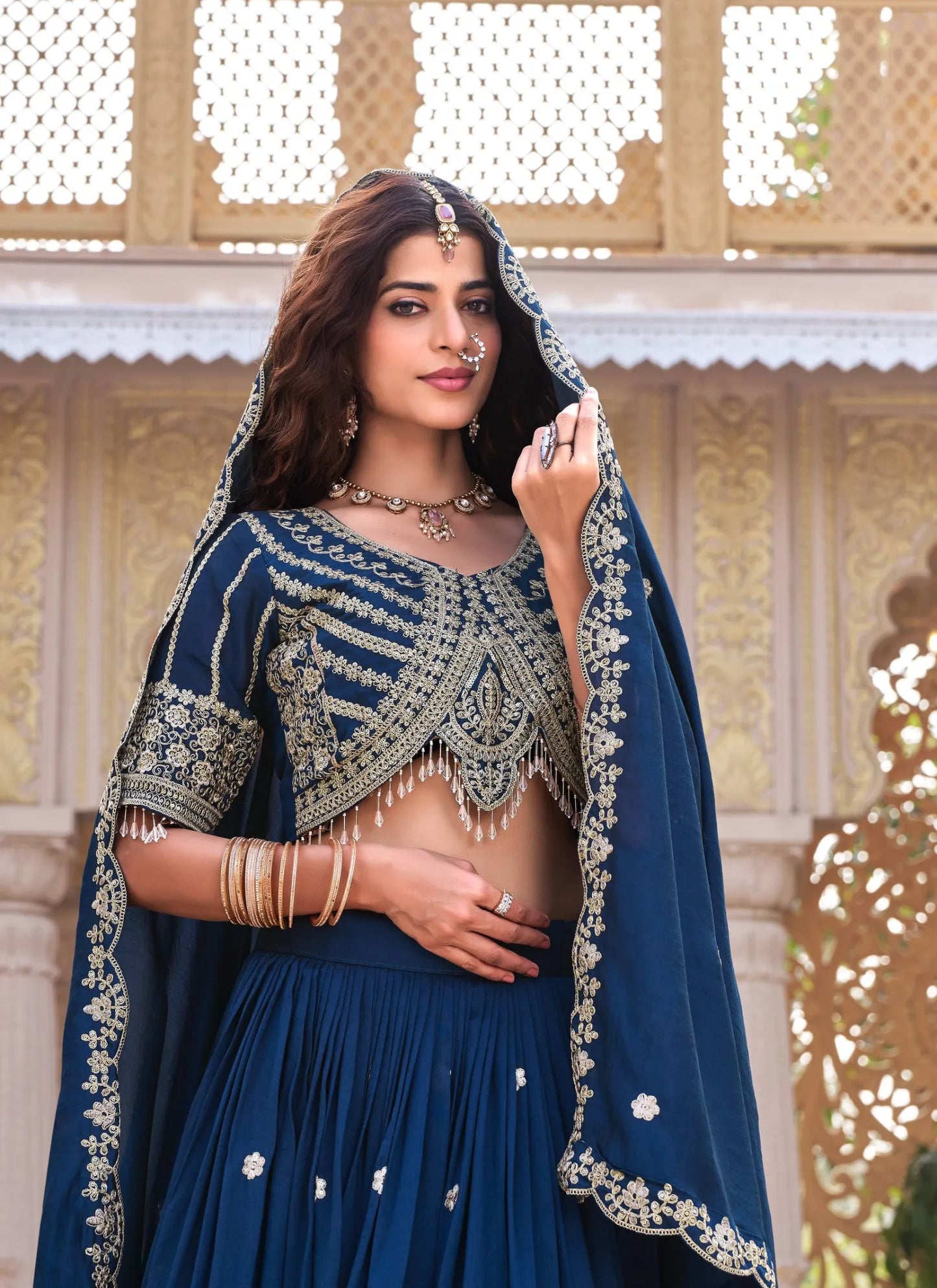 Blue Pure Vichitra Silk Embroidery Thread Work Lehenga Choli