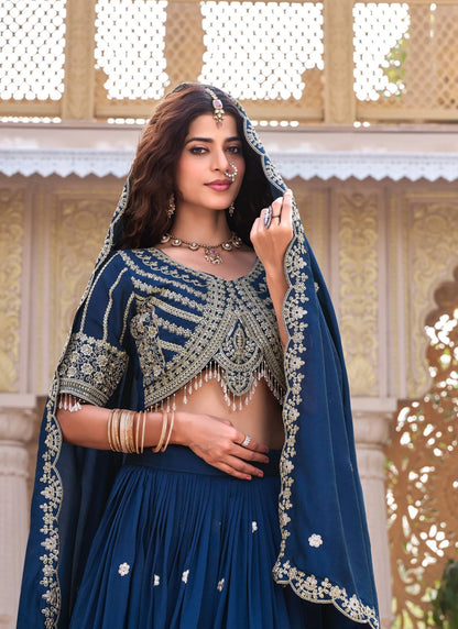 Blue Pure Vichitra Silk Embroidery Thread Work Lehenga Choli