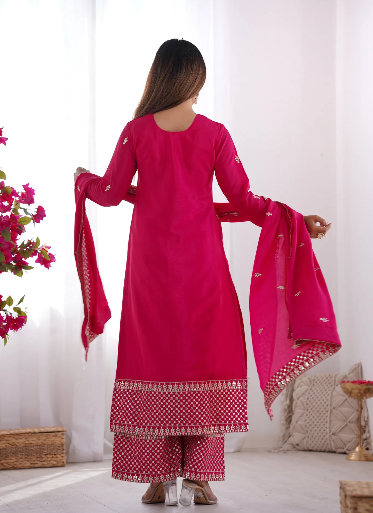 Pure Chinon Silk Embroidery Kurta Pink