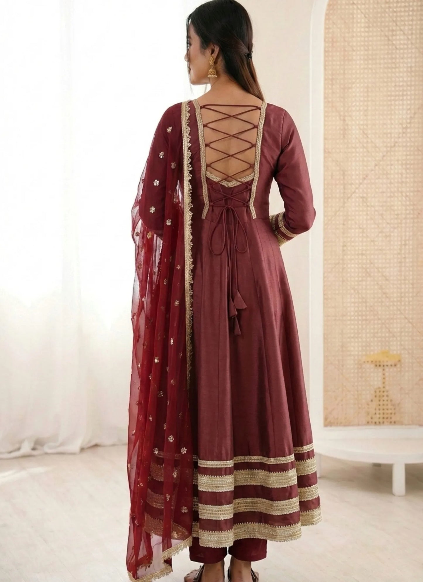 Maroon Heavy Lace Work Designer Anarkali Suit