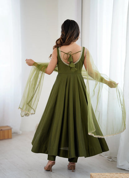 Pure Romansilk Chanderi Fabric Anarkali Mehandi