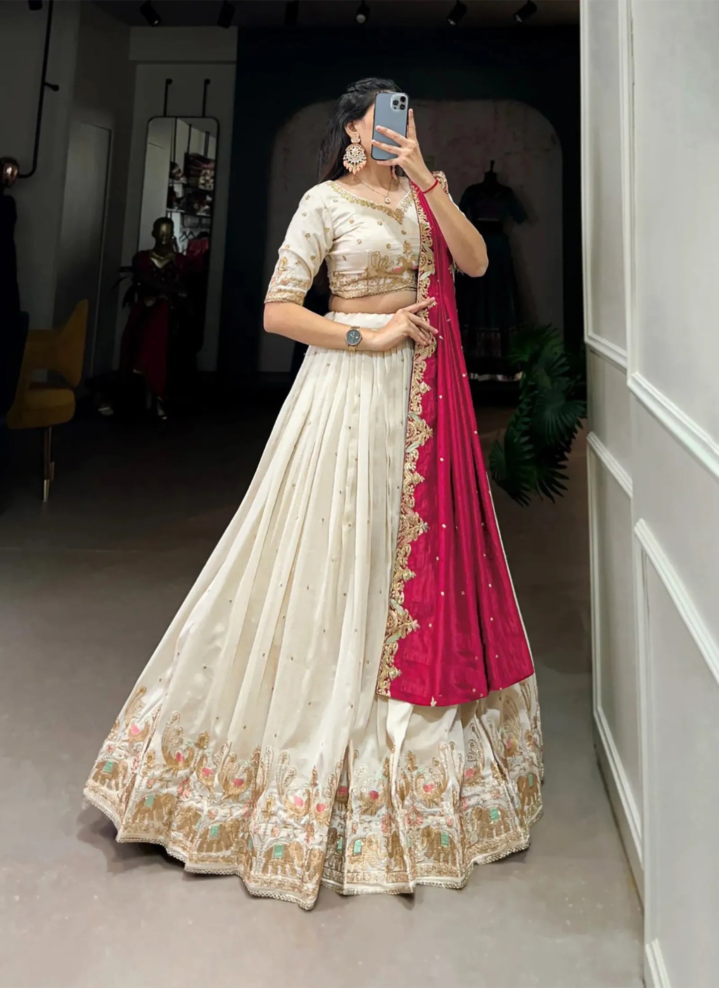 Barati Semi Stitched Lehenga Choli White