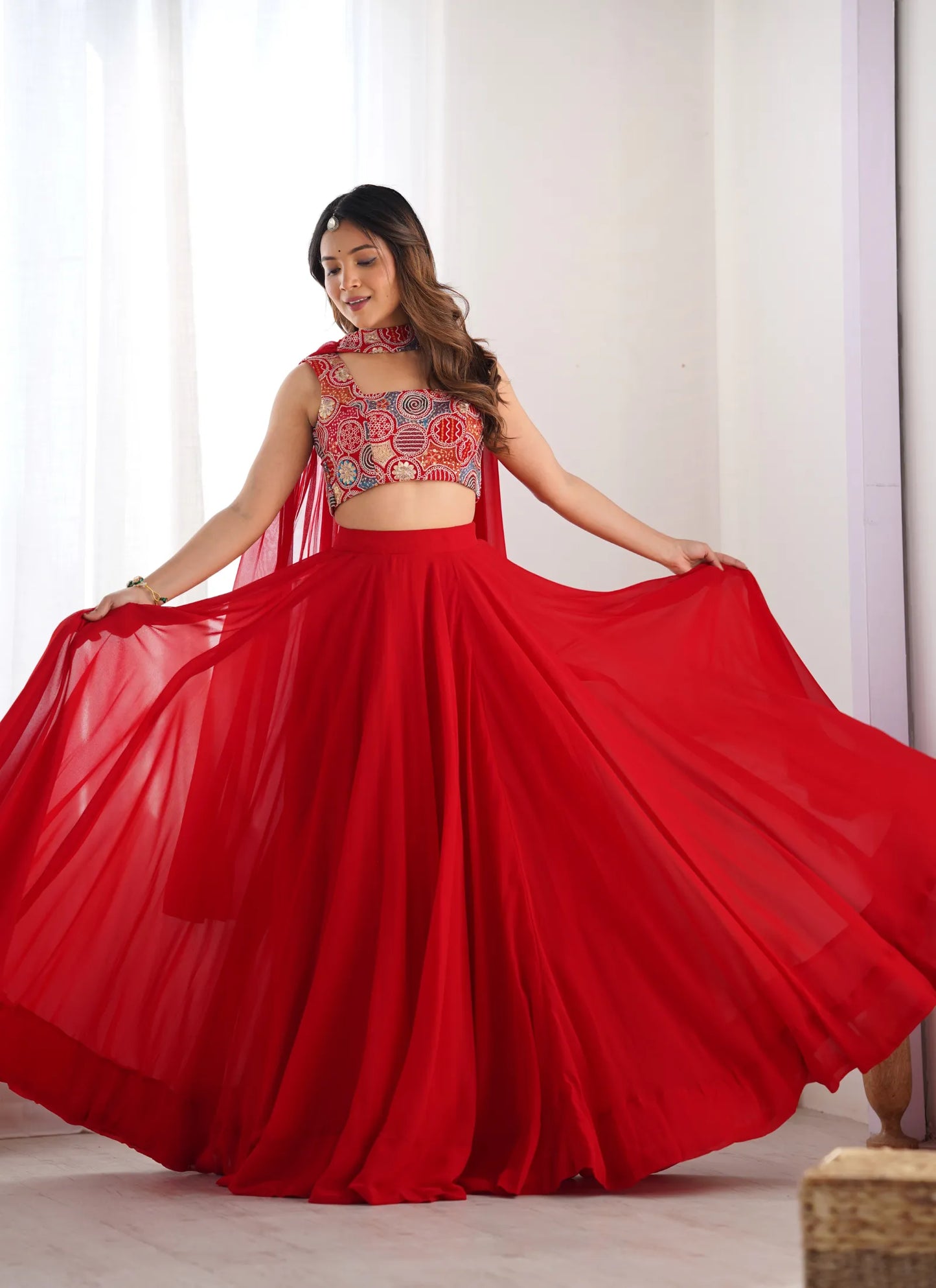 Pure Soft Fox Georgette Lehenga Choli Red