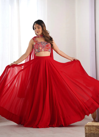 Pure Soft Fox Georgette Lehenga Choli Red