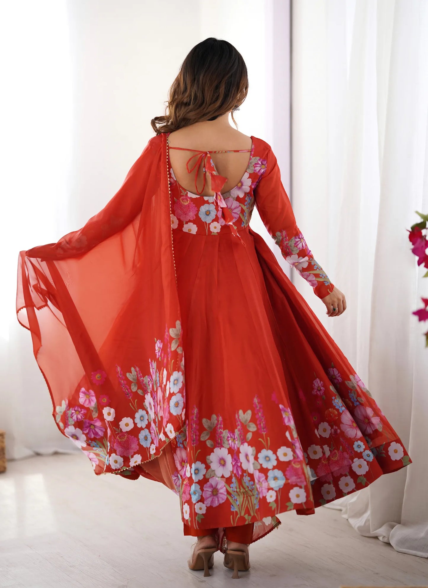 Pure Soft Organja Silk Anarkali Red