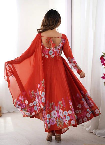 Pure Soft Organja Silk Anarkali Red