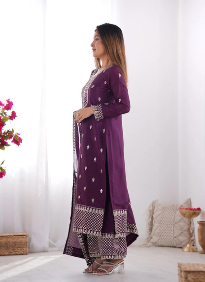 Pure Chinon Silk Embroidery Kurta Wine