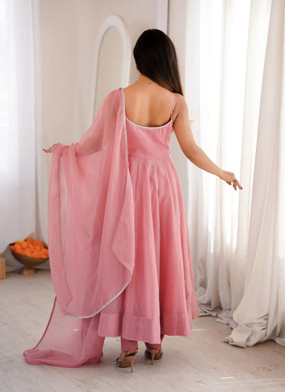 Pink Crunchy Silk Fabrics Fully Flair Anarkali