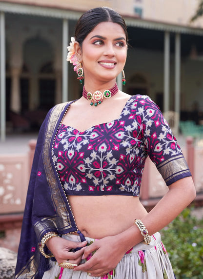 Navy Blue Floral Print Lehenga Choli