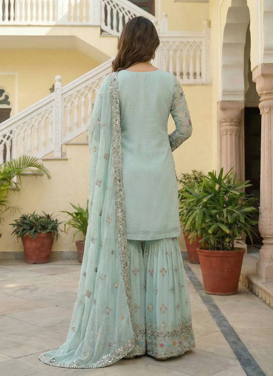 Premium Faux Georgette Sharara Set Mint