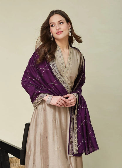 Premium Embroidery Anarkali Kurti Set Cream