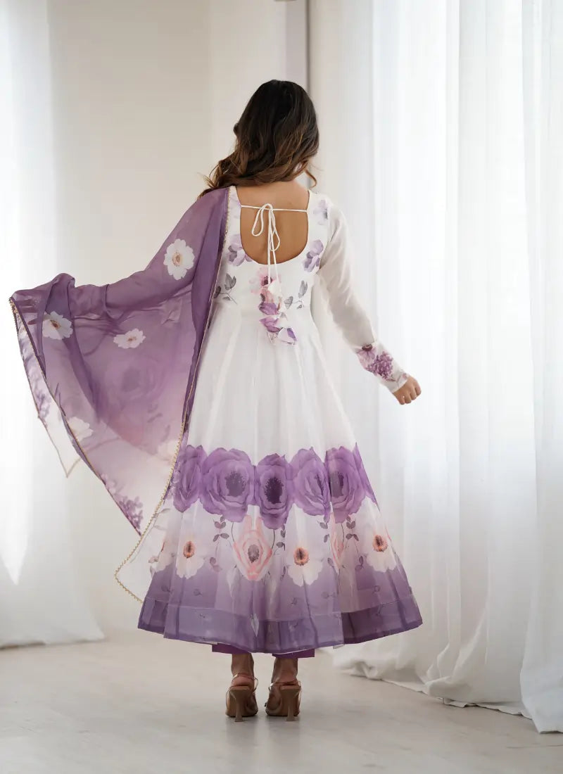 Heavy Pure Soft Organja Silk Print Anarkali Violet