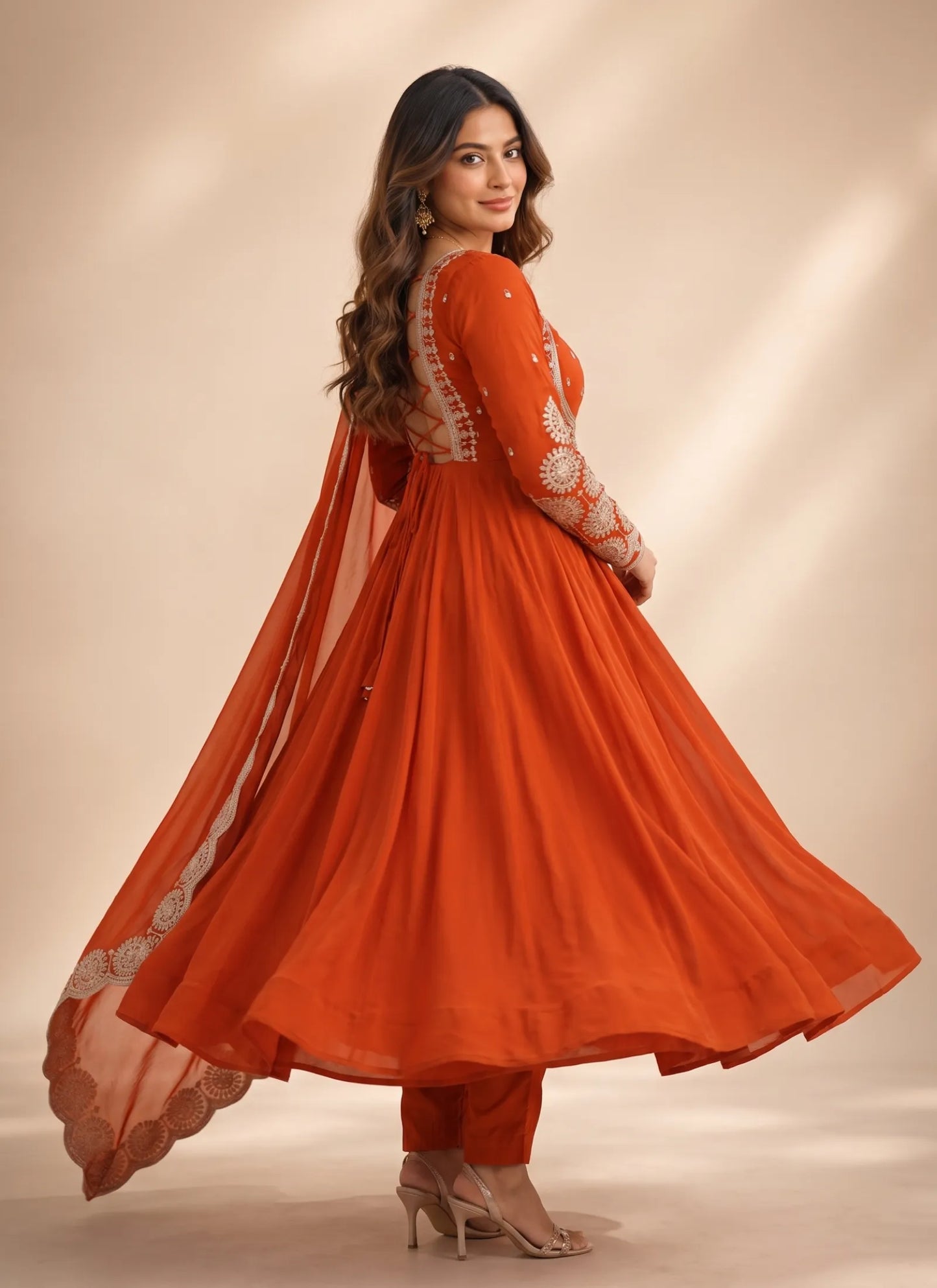 Orange Roman Silk Designer Anarkali Suit