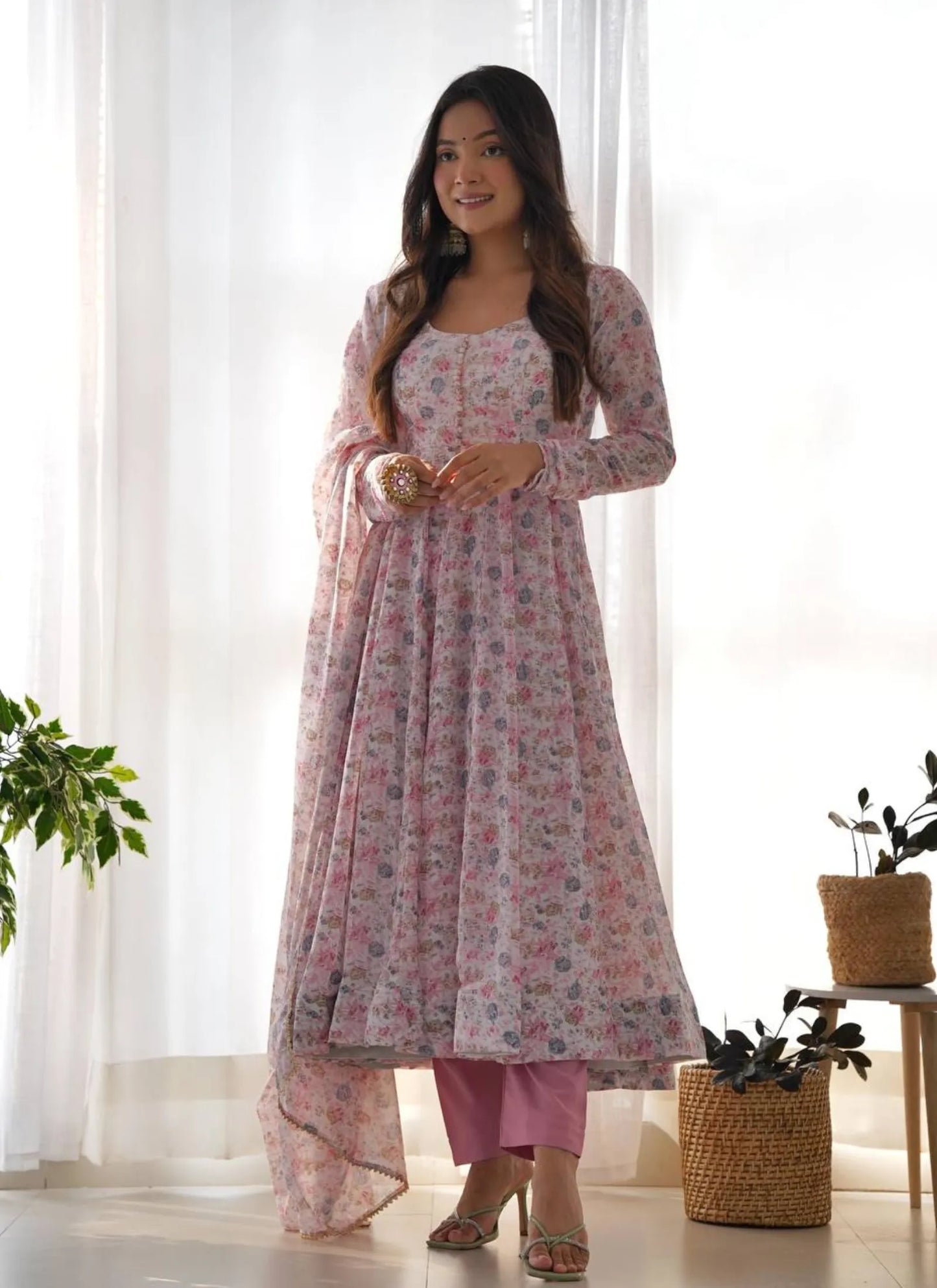 Pure Chiffon Floral Print Anarkali Pink