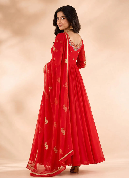 Red Faux Georgette Embroidery Anarkali Suit