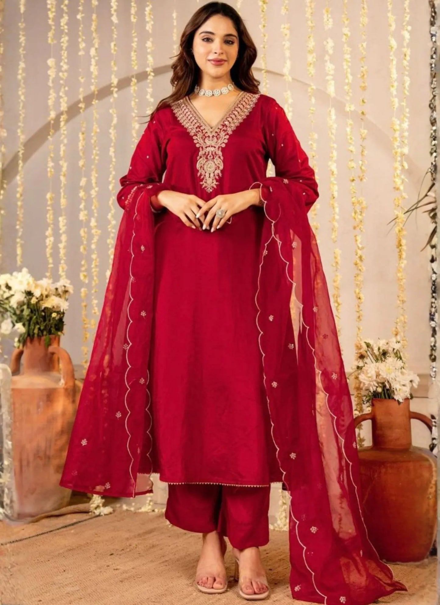 Premium Roman Silk Designers Kurta Set Red