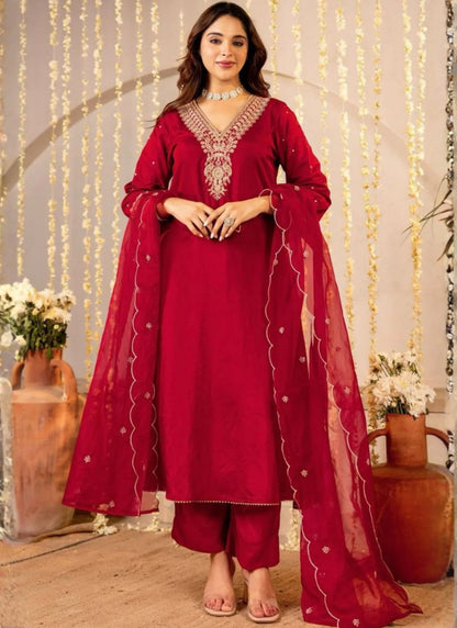 Premium Roman Silk Designers Kurta Set Red