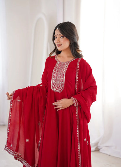 Dark Red Vichitra Silk Embroidered Gown