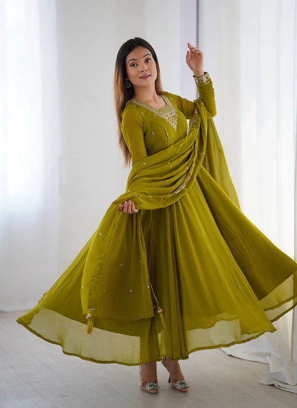 Pure Soft Fox Georgette Anarkali Mehndi