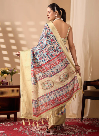 Artistic Multicolor Print Soft Lichi Silk Saree