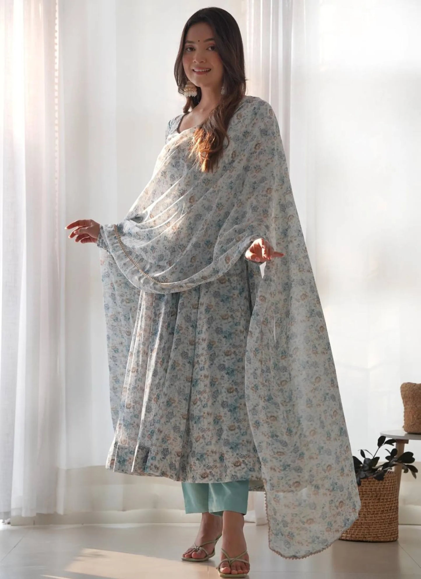 Pure Chiffon Floral Print Anarkali Sky