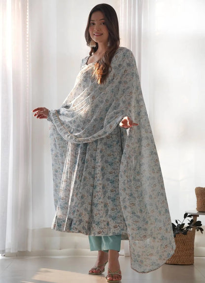 Pure Chiffon Floral Print Anarkali Sky