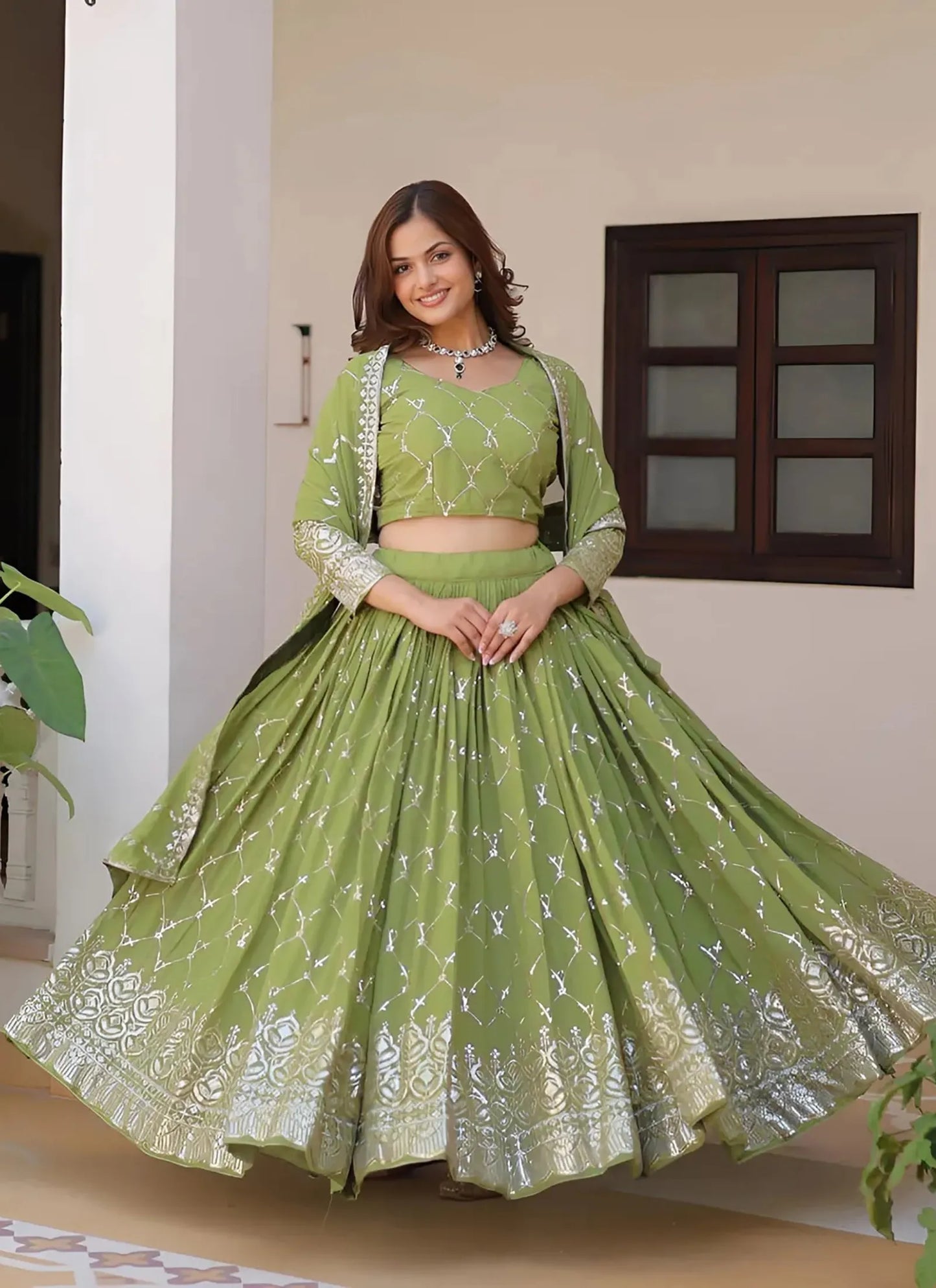 Salmon Semi Stitched Lehenga Choli Pista