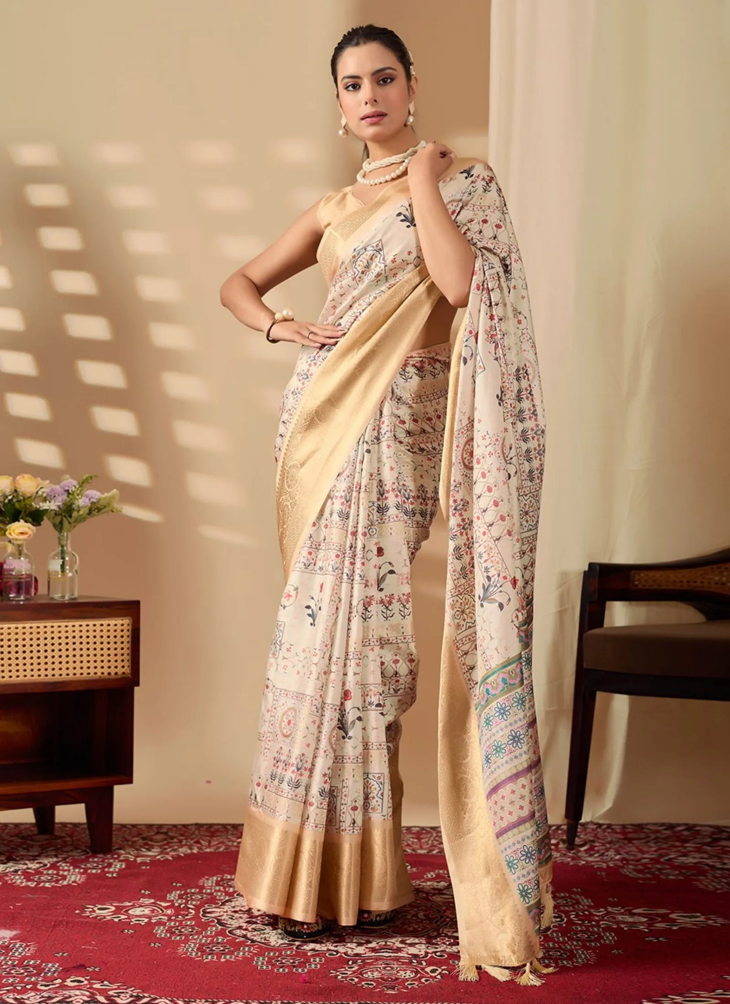 Ethnic Print Soft Lichi Silk Saree Beige
