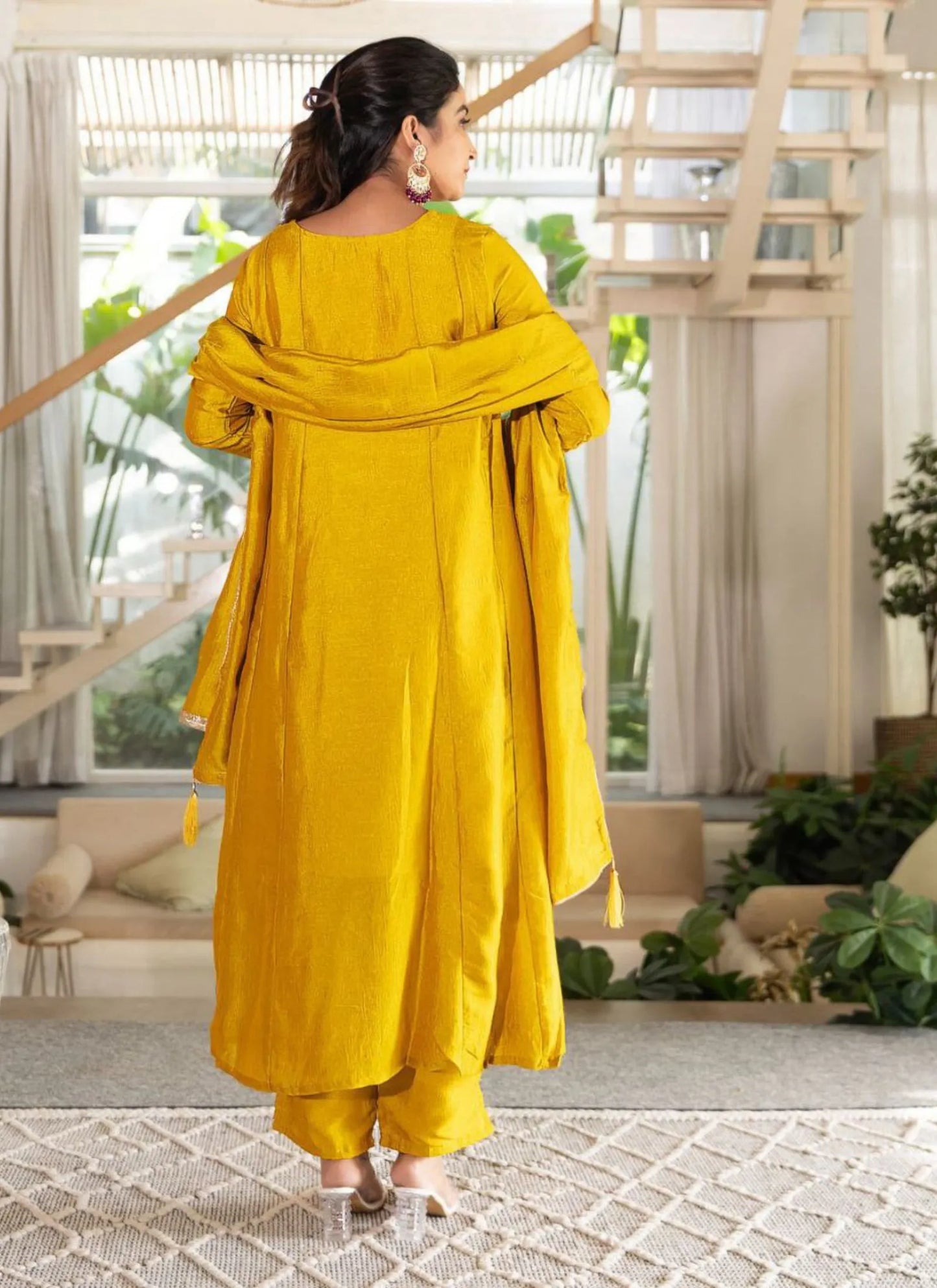 Designer Vichitra Silk Anarkali Kurti Yellow
