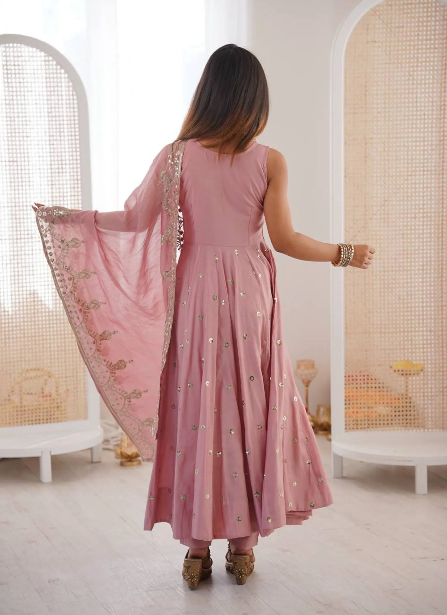 Pink Roman Silk Embroidery Anarkali Suit